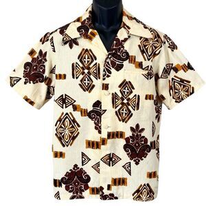 Vintage Pacific Isle Creations Hawaiian Men's Bark Cloth Button Down Shirt